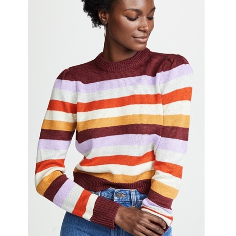 WAYF Anthropologie  Striped Puff Sleeve Crew Neck Sweater Purple Orange  S